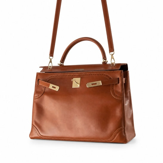 Kelly Sellier Ghillies 28cm Natural Sable Barenia Leather Gold Hardware — Streamlined Top-Handle Handbag