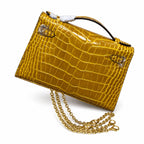 Kelly Pochette Jaune Ambre Shiny Niloticus Crocodile Leather Palladium Hardware Women Clutch Bag — Compact Pochette Clutch