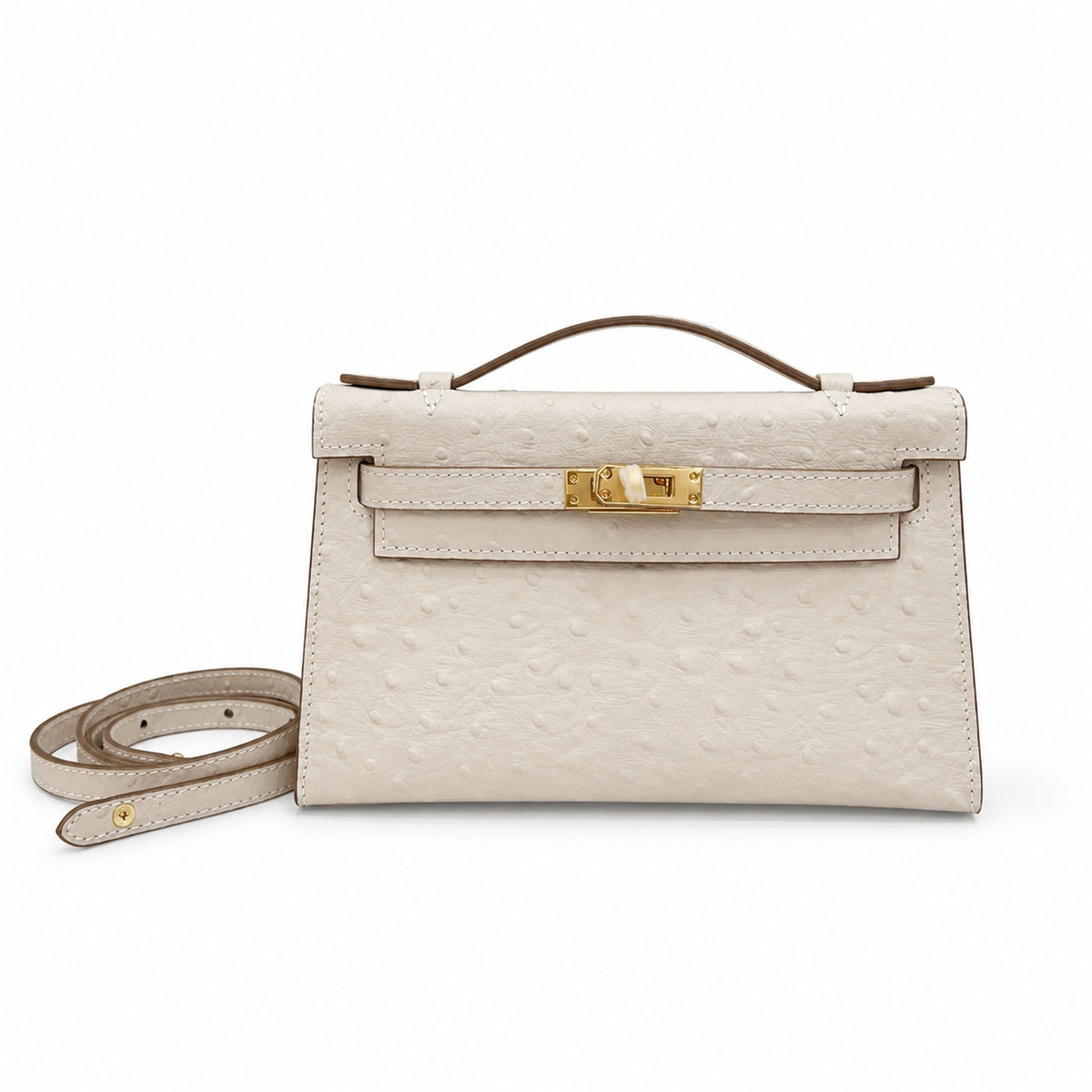 Mini Kelly II Sellier 19cm & 22cm Craie Ostrich Leather Gold Hardware — Timeless Mini Top-Handle Design