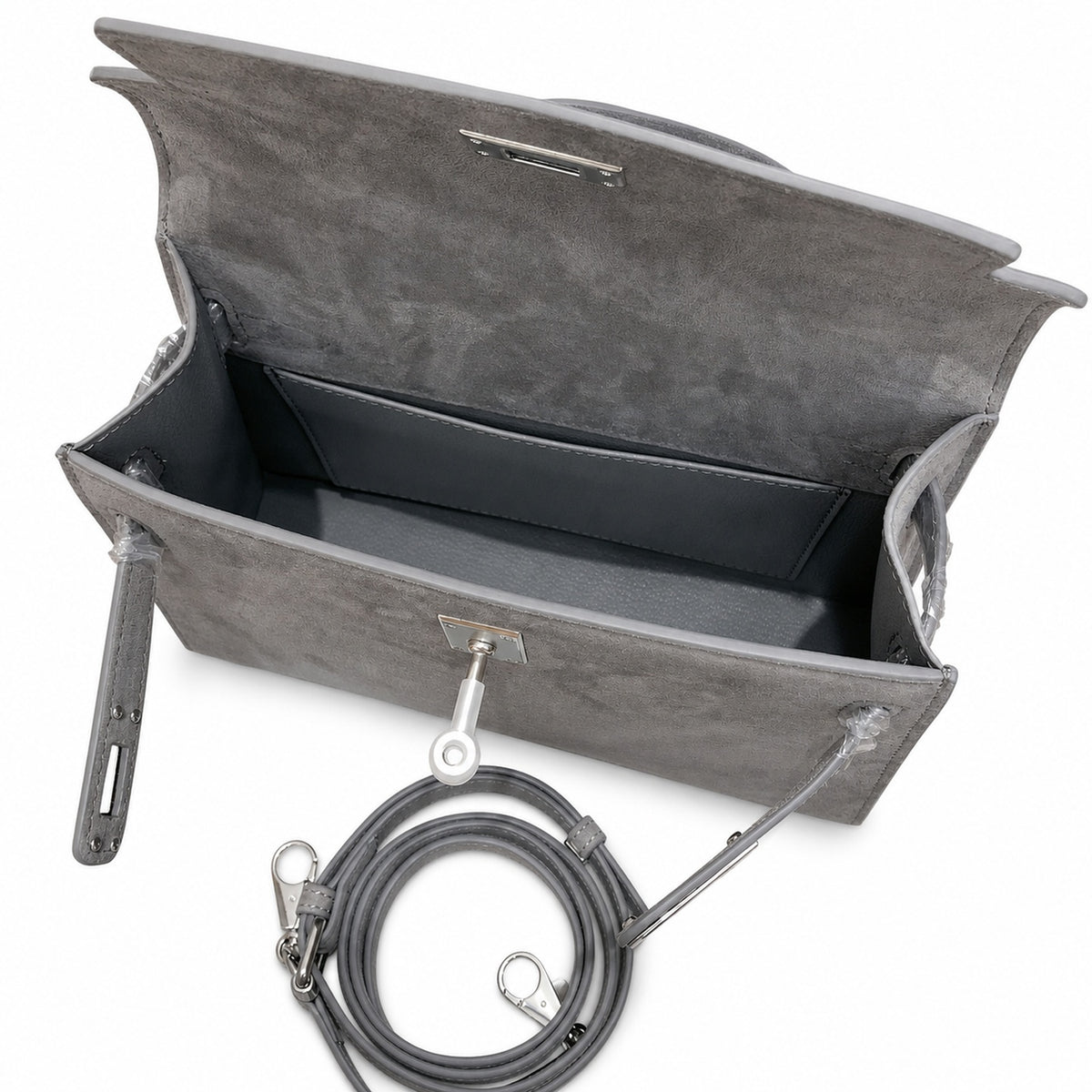 Kelly Sellier 22cm Gris Asphalte Suede Leather Palladium Hardware — Sophisticated Carry Design