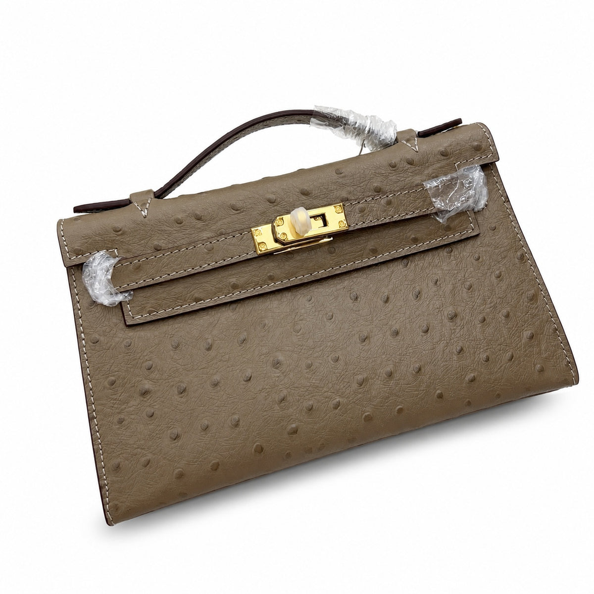 Mini Kelly II Sellier 19cm & 22cm Etoupe Ostrich Leather Gold Hardware — Elegant Compact Carry Style