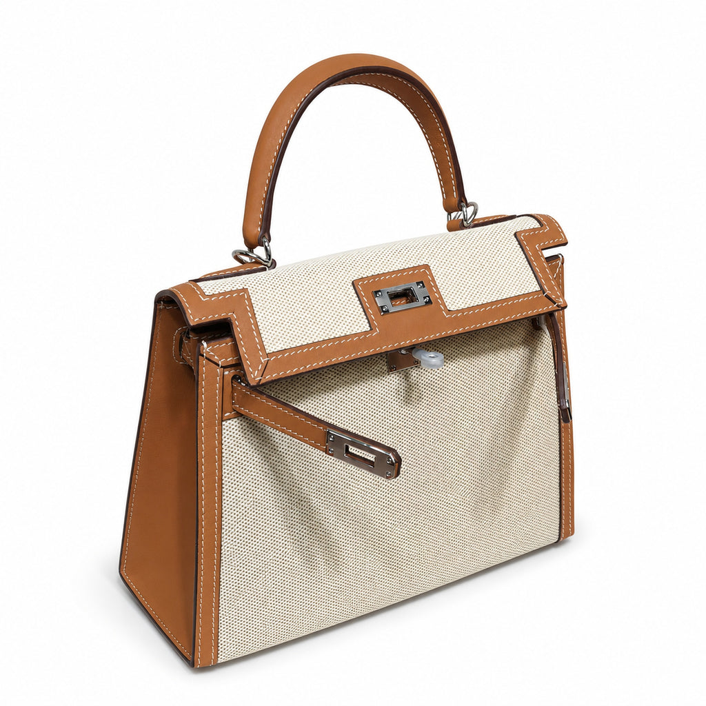 Kelly 25cm Patchwork Canvas and Swift Leather in Warm Brown — Versatile Structured Bag