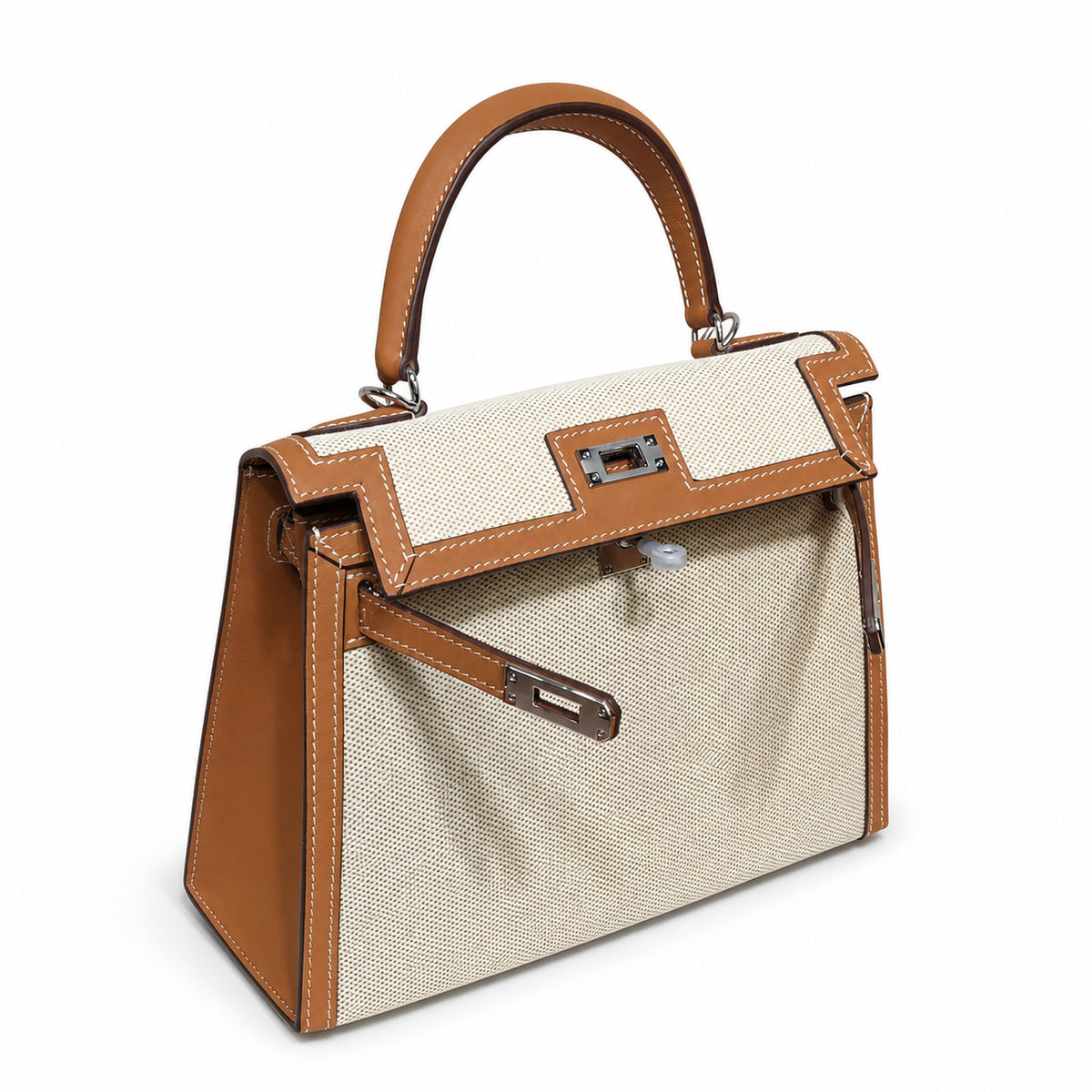 Kelly 25cm Patchwork Canvas and Swift Leather in Warm Brown — Versatile Structured Bag