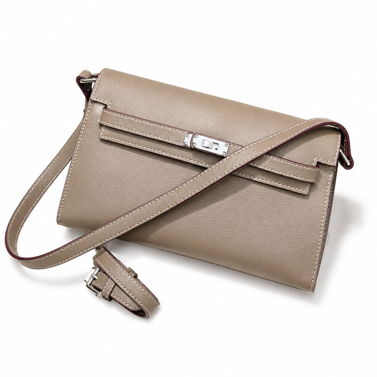Kelly Elan 25x6.5x15cm Underarm Baguette Bag in Khaki with Silver Hardware — Elegant Shoulder-Carry Bag