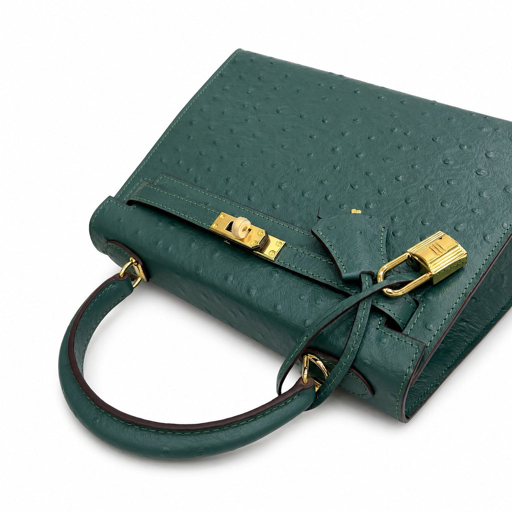 Kelly Sellier 25cm Vert Cypress Ostrich Gold Hardware Vintage — Timeless Top-Handle Design
