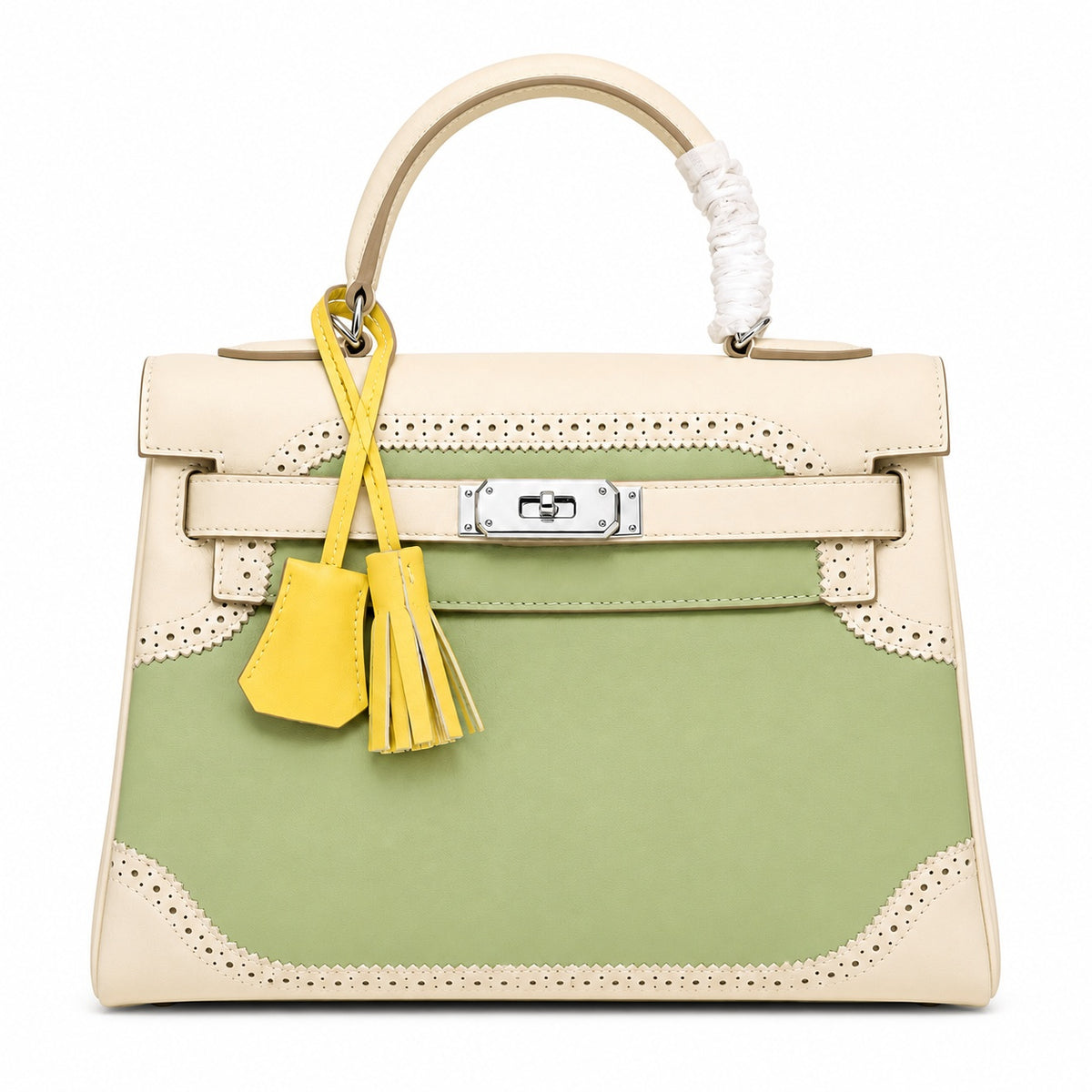 Kelly Sellier Ghillies 28cm Craie & Vert Pomme Barenia Leather Palladium Hardware — Versatile Structured Bag