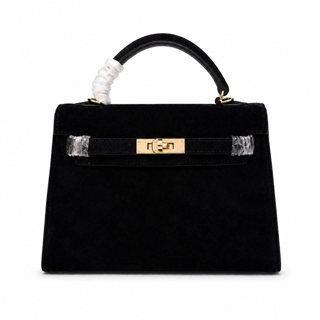 Kelly Sellier 22cm Noir Suede Leather Gold Hardware — Polished Structured Handbag