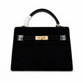 Kelly Sellier 22cm Noir Suede Leather Gold Hardware — Polished Structured Handbag
