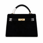 Kelly Sellier 22cm Noir Suede Leather Gold Hardware — Polished Structured Handbag