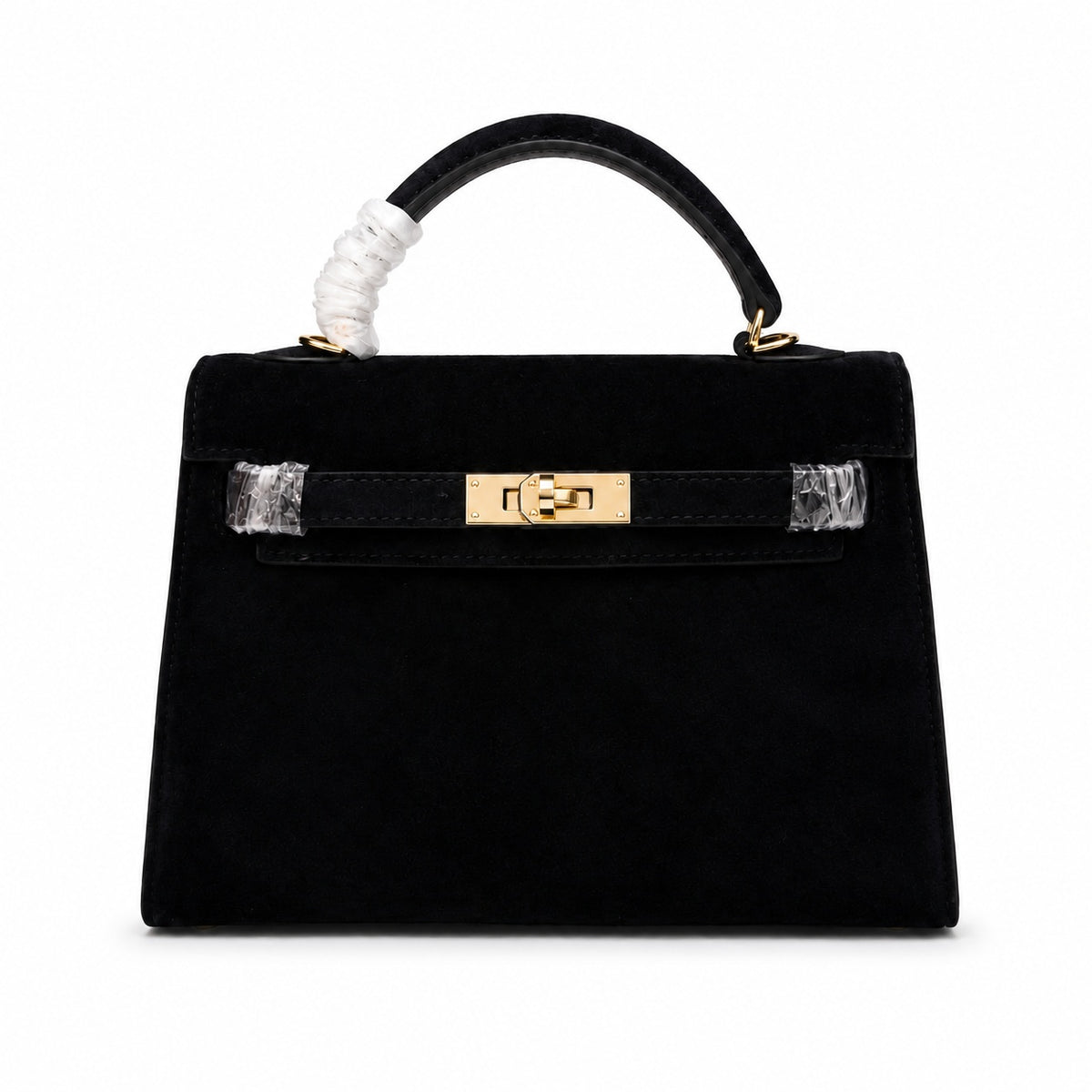 Kelly Sellier 22cm Noir Suede Leather Gold Hardware — Polished Structured Handbag