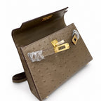Mini Kelly II 19cm Sellier Etoupe Ostrich Gold Hardware Designer Mini Shoulder Purse — Small Structured Carry Style