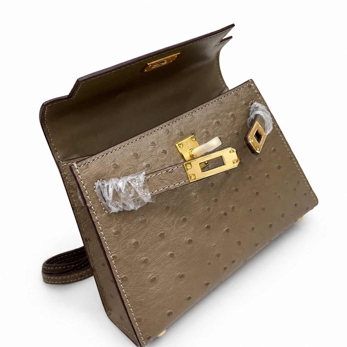 Mini Kelly II 19cm Sellier Etoupe Ostrich Gold Hardware Designer Mini Shoulder Purse — Small Structured Carry Style
