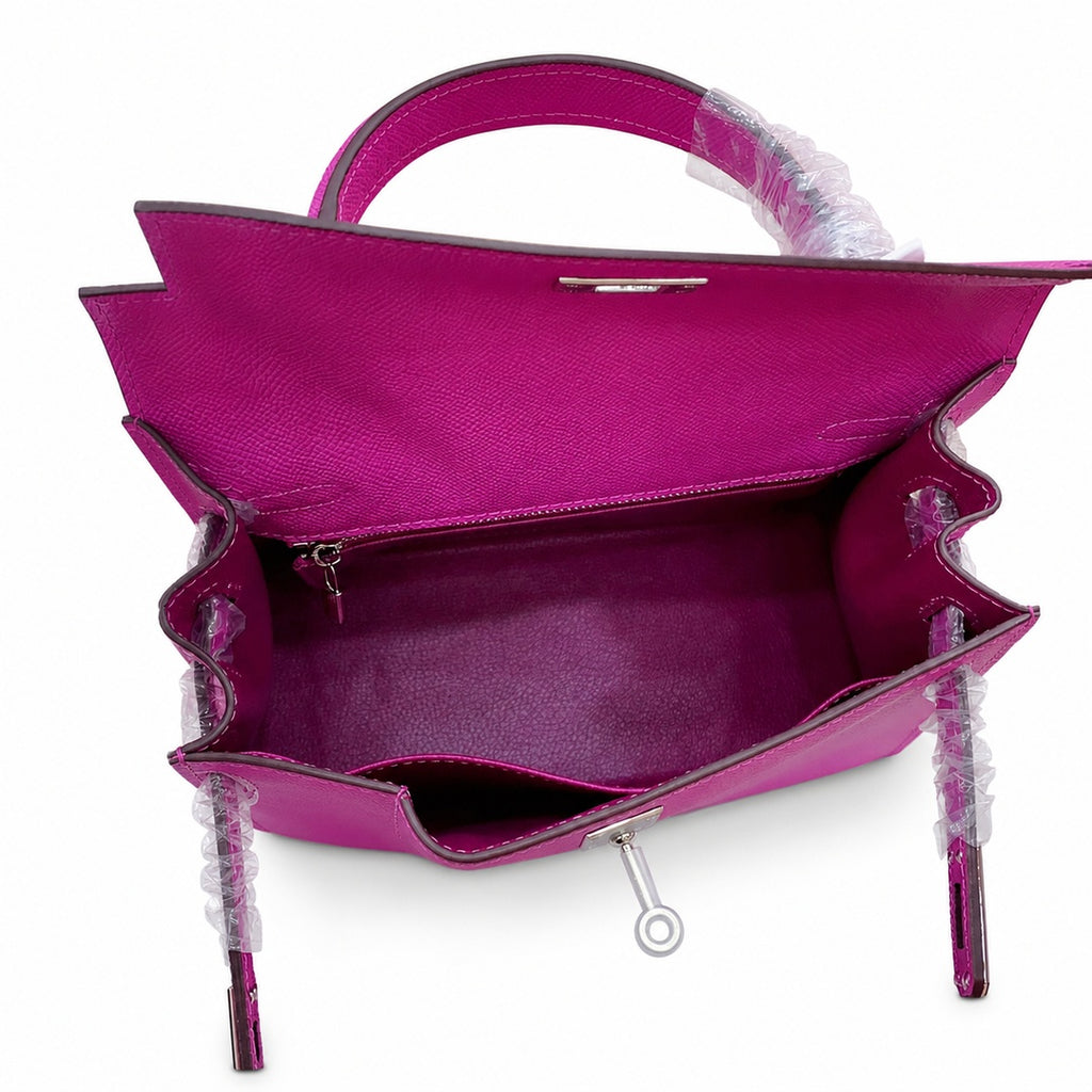 Kelly Sellier 25cm & 28cm Rose Pourpre Epsom Leather Gold Hardware & Palladium Hardware — Classic Hand-Carry Silhouette