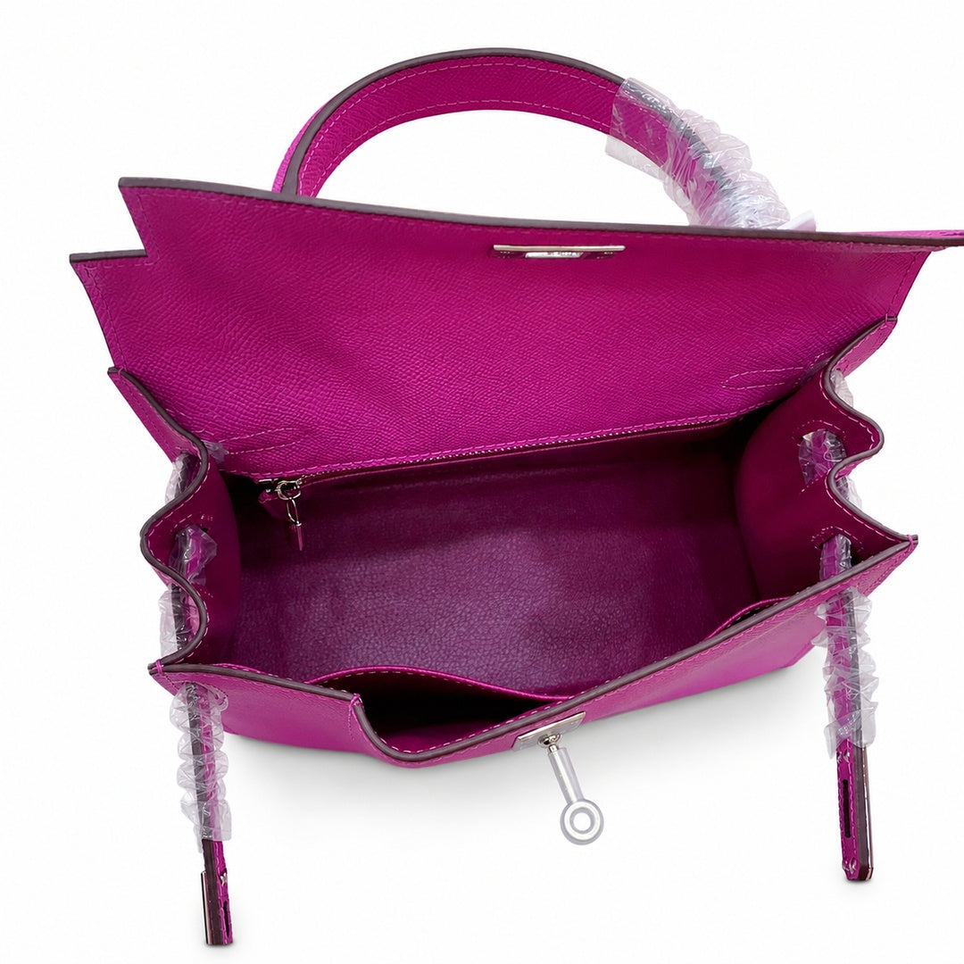 Kelly Sellier 25cm & 28cm Rose Pourpre Epsom Leather Gold Hardware & Palladium Hardware — Classic Hand-Carry Silhouette
