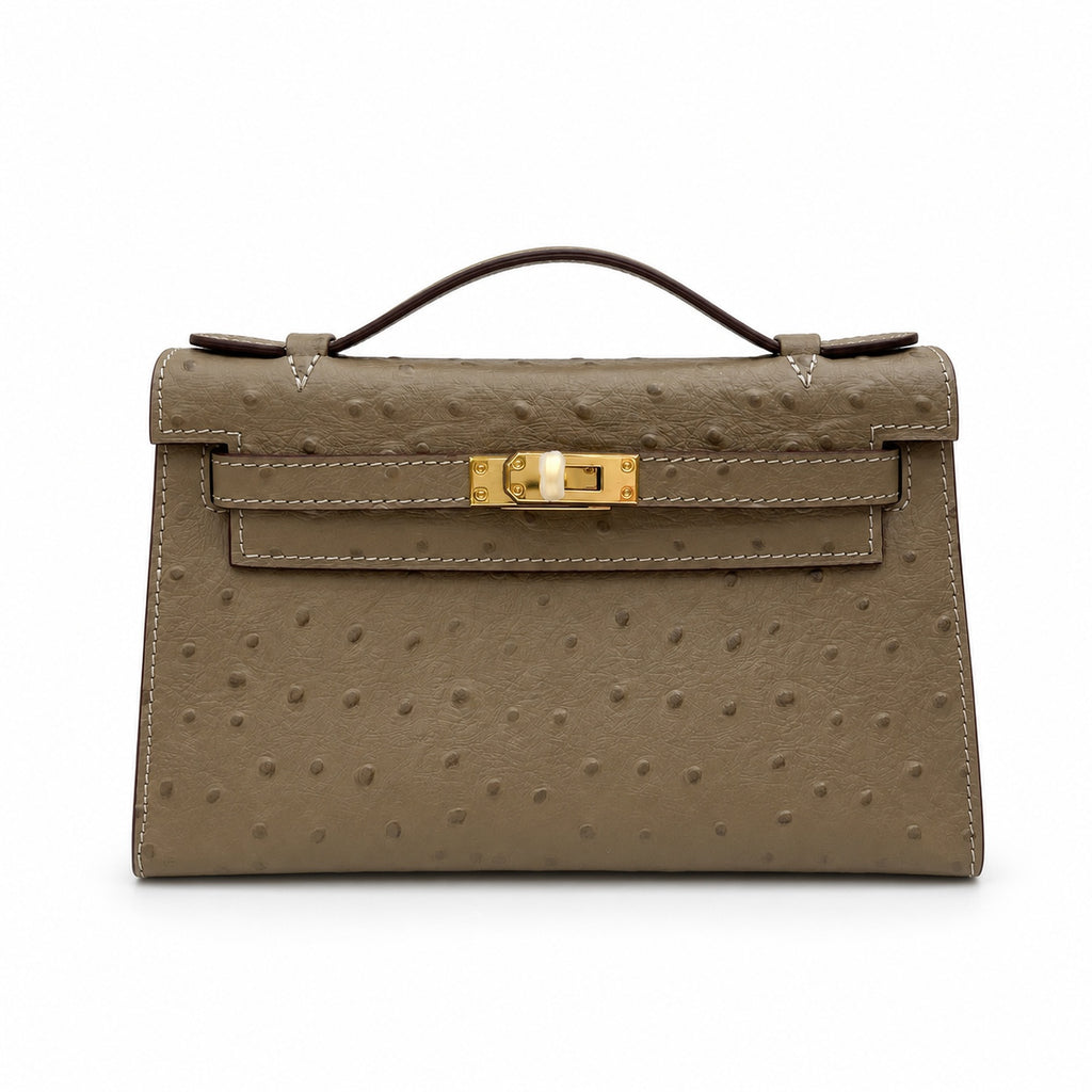 Mini Kelly II Sellier 19cm & 22cm Etoupe Ostrich Leather Gold Hardware — Elegant Compact Carry Style