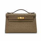 Mini Kelly II Sellier 19cm & 22cm Etoupe Ostrich Leather Gold Hardware — Elegant Compact Carry Style