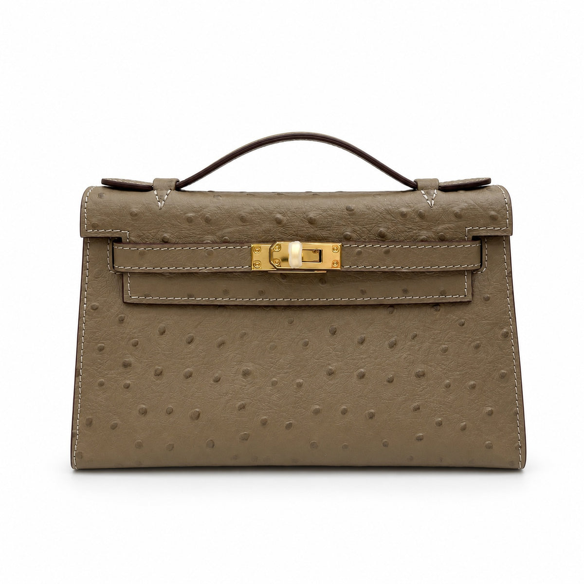 Mini Kelly II Sellier 19cm & 22cm Etoupe Ostrich Leather Gold Hardware — Elegant Compact Carry Style