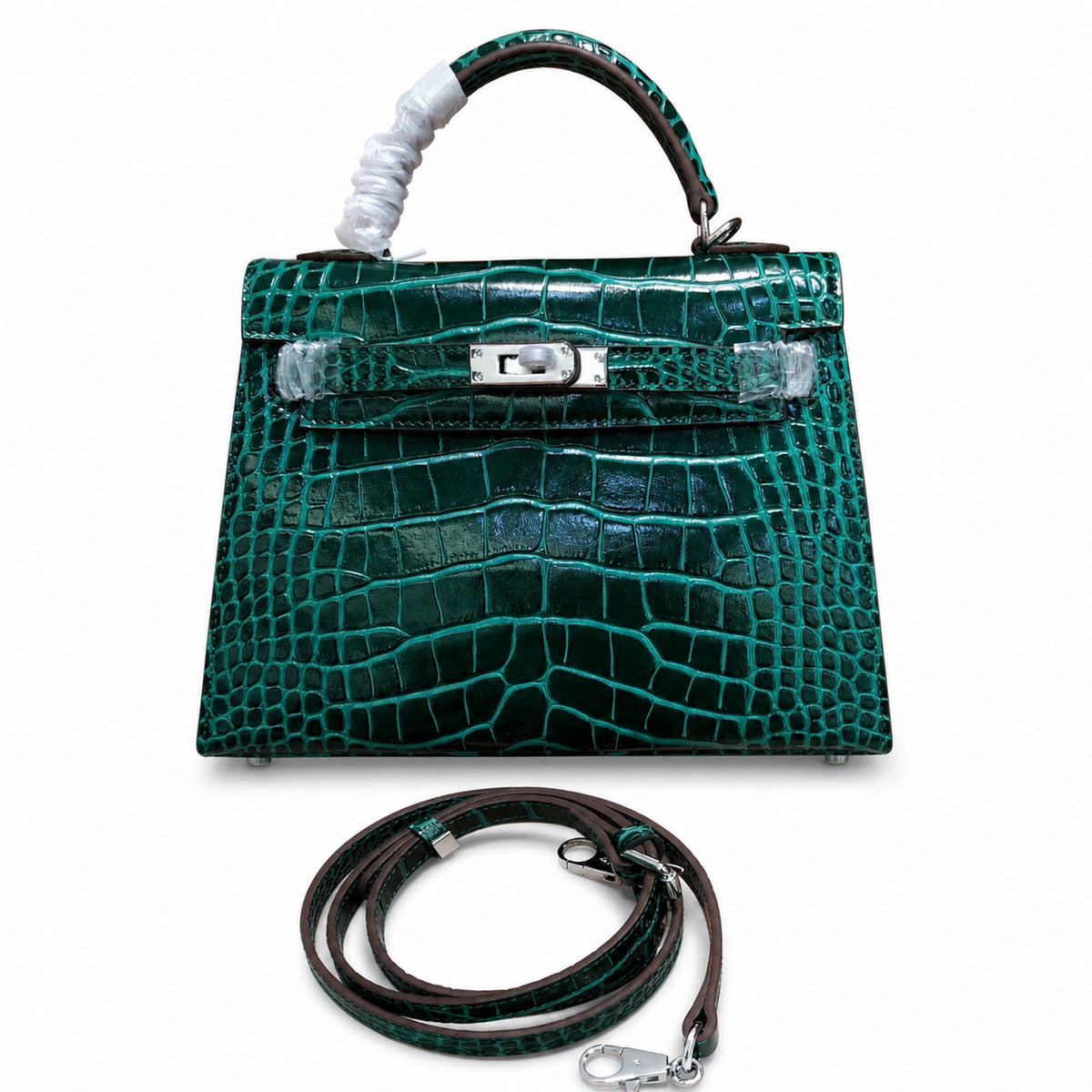 Kelly Sellier 22cm Vert Emeraude Shiny Crocodile Leather Gold Hardware & Palladium Hardware — Distinctive Hand-Carry Bag