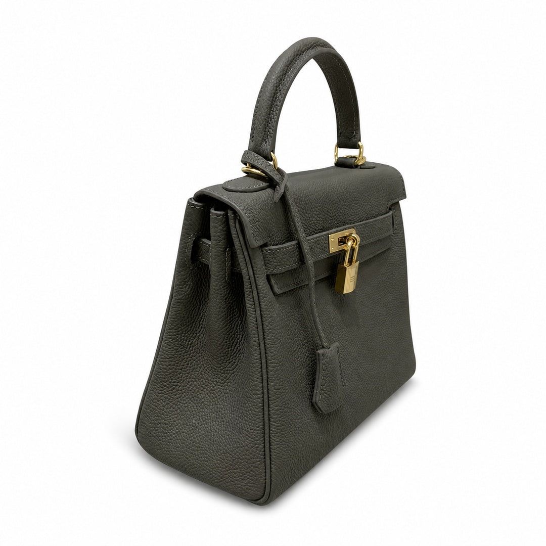 Kelly Sellier 20cm & 25cm & 28cm Gris Asphalte Togo Leather Gold Hardware — Polished Structured Handbag