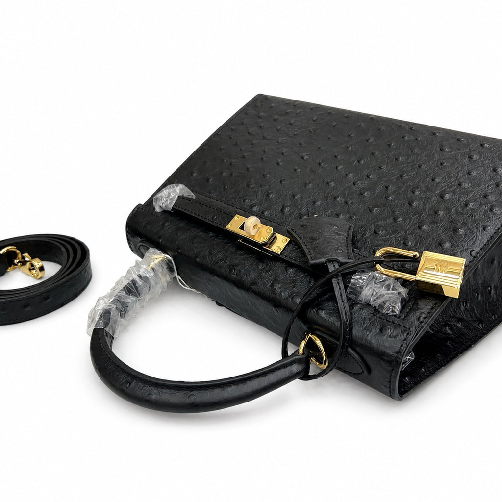 Kelly Sellier 25cm Noir Black Ostrich Gold Hardware Designer Shoulder Tote — Versatile Structured Bag