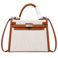 Kelly 25cm Patchwork Canvas and Swift Leather in Warm Brown — Versatile Structured Bag