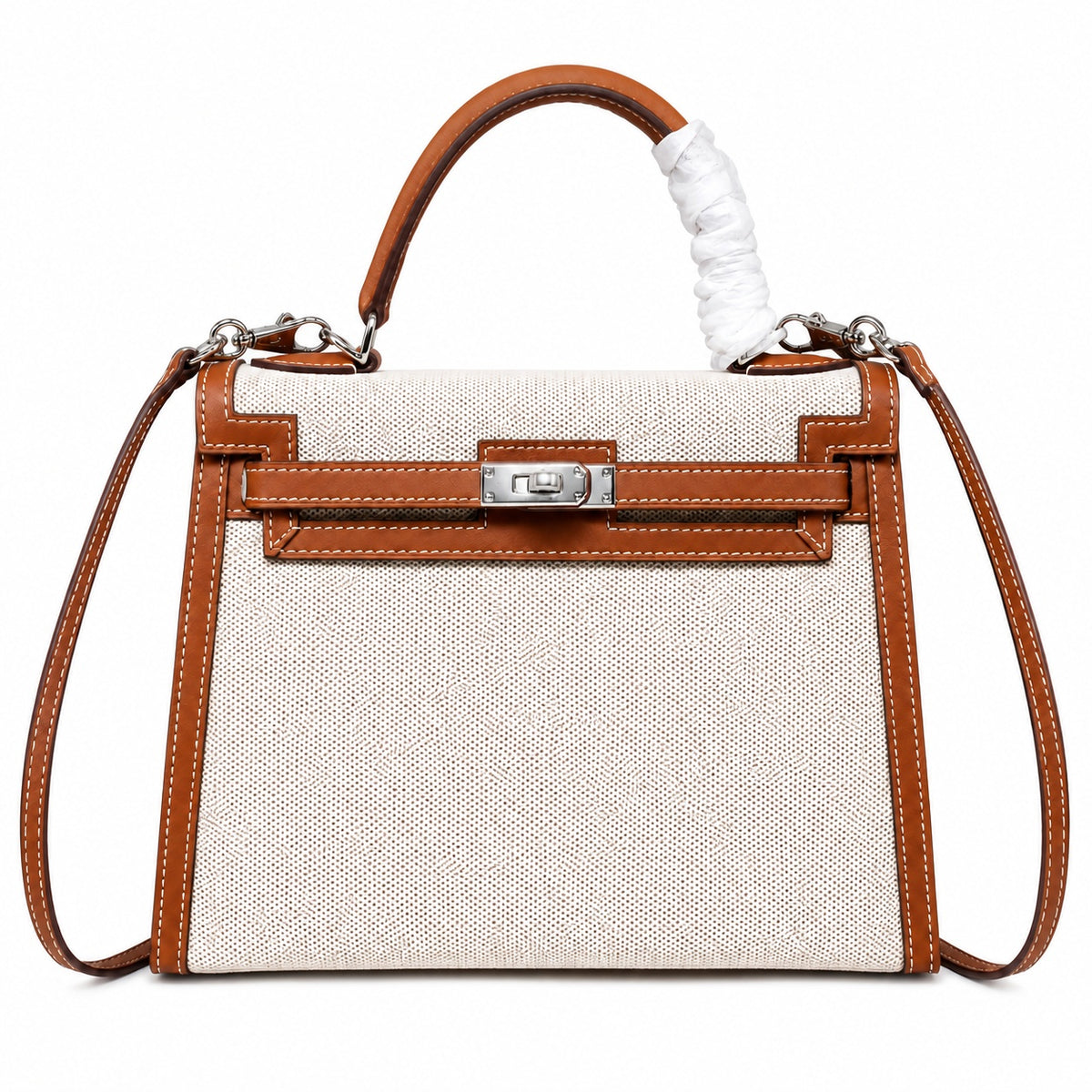 Kelly 25cm Patchwork Canvas and Swift Leather in Warm Brown — Versatile Structured Bag