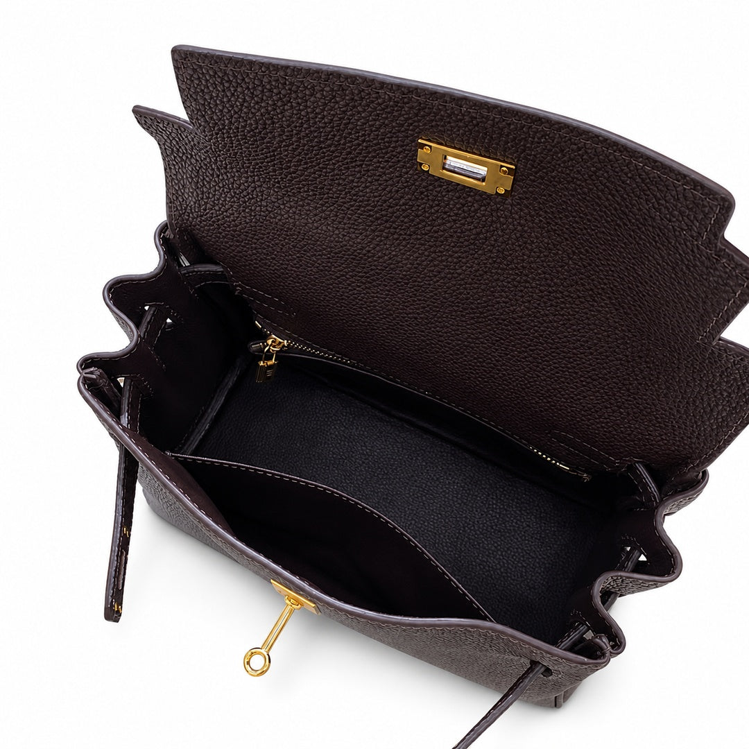 Kelly Sellier 20cm & 25cm & 28cm Marron Foncé Togo Leather Gold Hardware — Structured Top-Handle Handbag