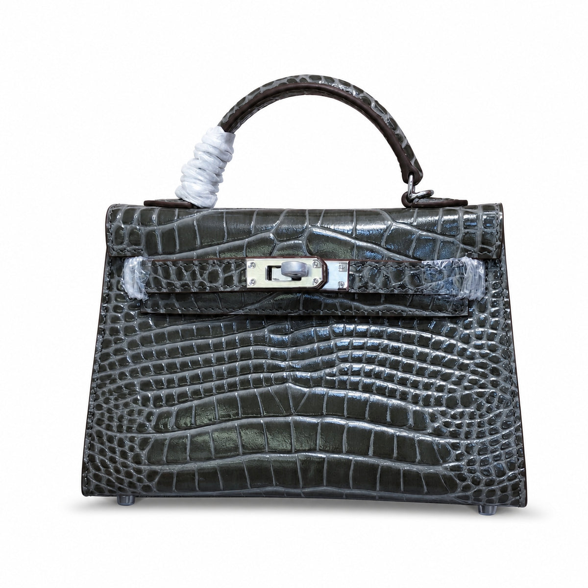 Kelly Sellier 19cm Gris Elephant Shiny Crocodile Leather Gold Hardware & Palladium Hardware — Elegant Structured Carry Style