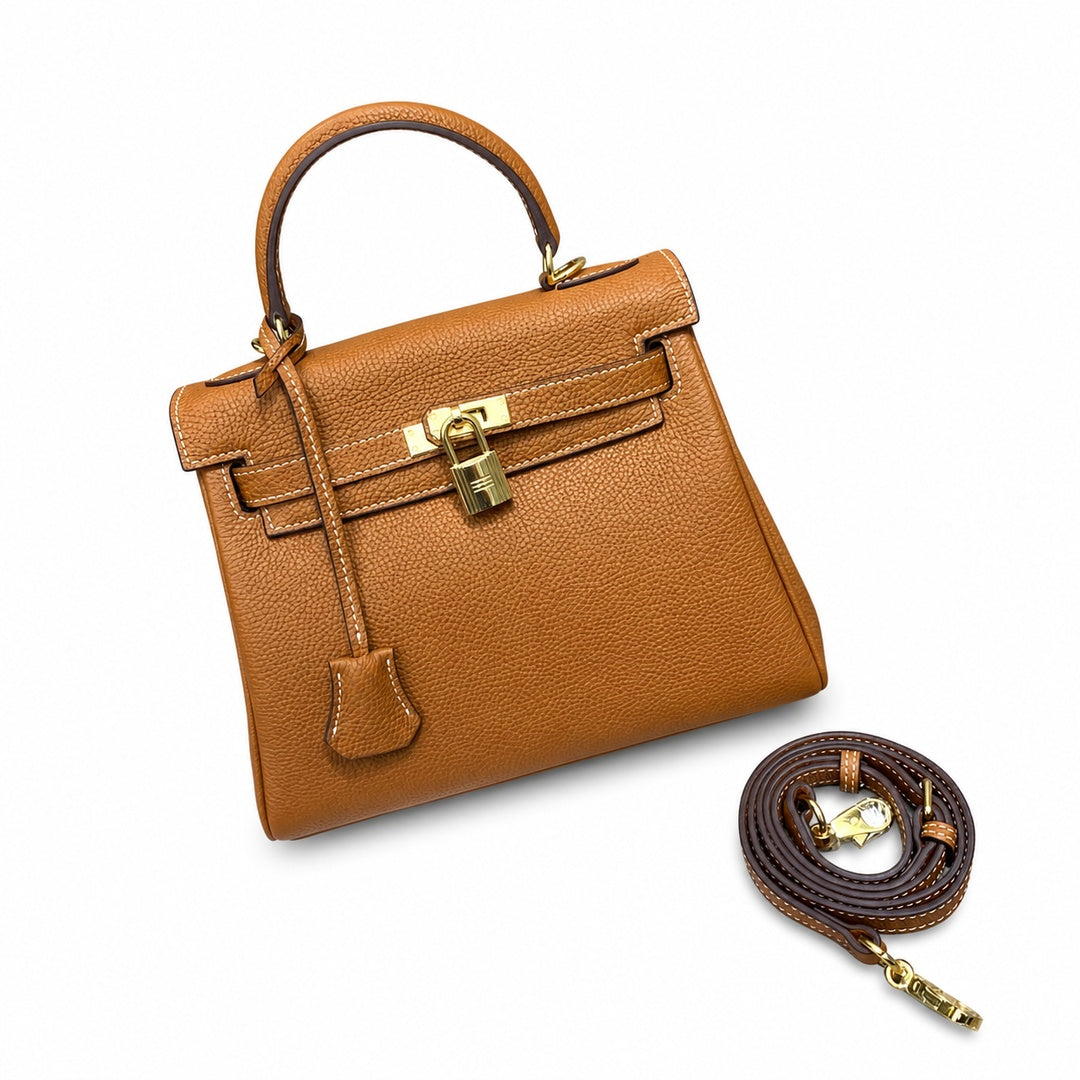 Kelly Sellier 20cm & 25cm & 28cm Gold Togo Leather Gold Hardware — Elegant Structured Carry Style