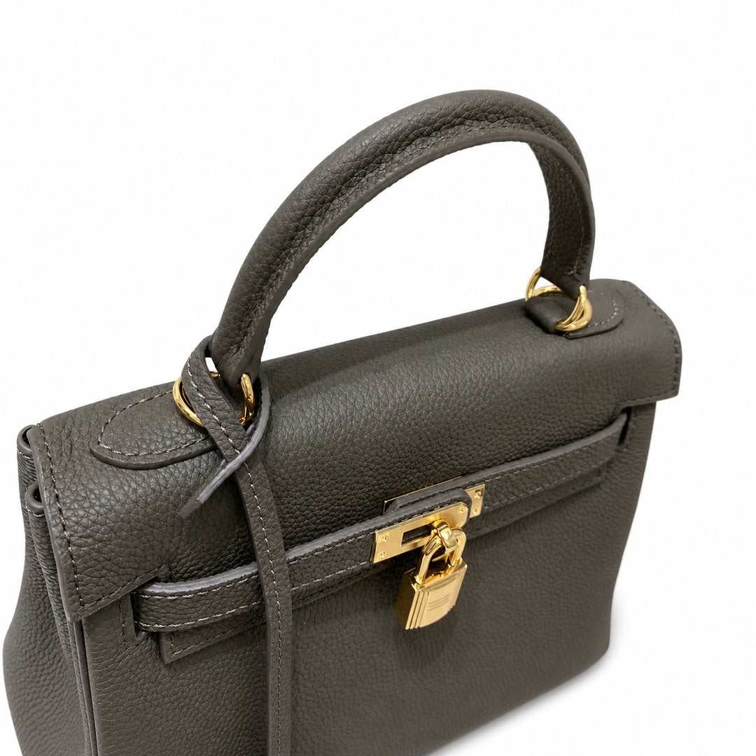Kelly Sellier 20cm & 25cm & 28cm Gris Asphalte Togo Leather Gold Hardware — Polished Structured Handbag
