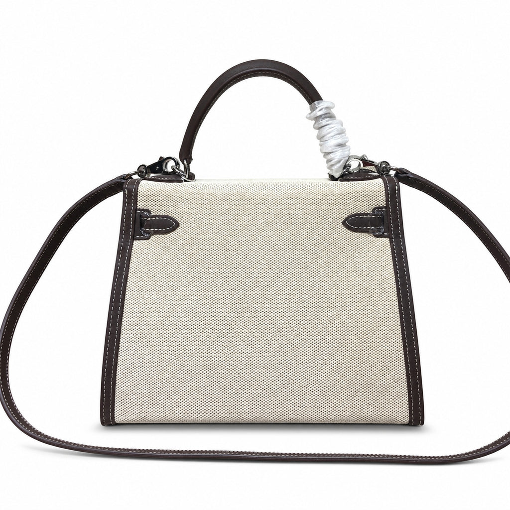 Kelly 25cm Patchwork Canvas and Swift Leather in Deep Ebony — Versatile Structured Bag