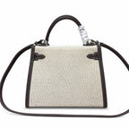 Kelly 25cm Patchwork Canvas and Swift Leather in Deep Ebony — Versatile Structured Bag