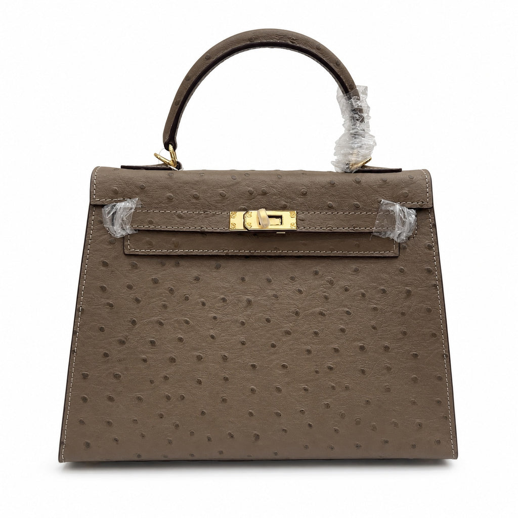 Hermès Kelly Sellier 25 Ostrich Etoupe Gold Hardware — Classic Hand-Carry Silhouette