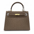 Hermès Kelly Sellier 25 Ostrich Etoupe Gold Hardware — Classic Hand-Carry Silhouette