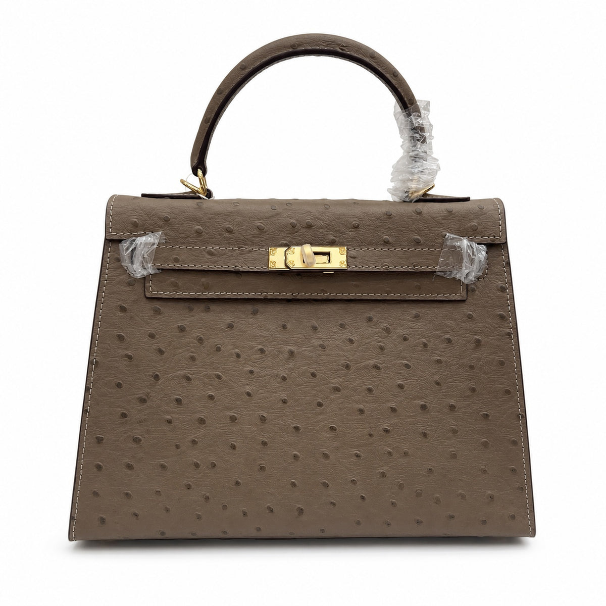 Hermès Kelly Sellier 25 Ostrich Etoupe Gold Hardware — Classic Hand-Carry Silhouette