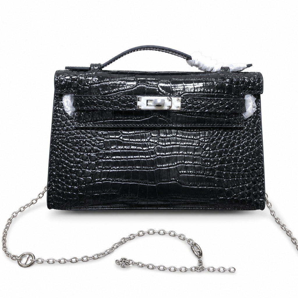 Kelly Pochette Noir Shiny Niloticus Crocodile Leather Palladium Hardware & Palladium Hardware Women Clutch Bag — Elegant Petite Clutch