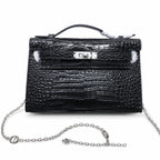 Kelly Pochette Noir Shiny Niloticus Crocodile Leather Palladium Hardware & Palladium Hardware Women Clutch Bag — Elegant Petite Clutch