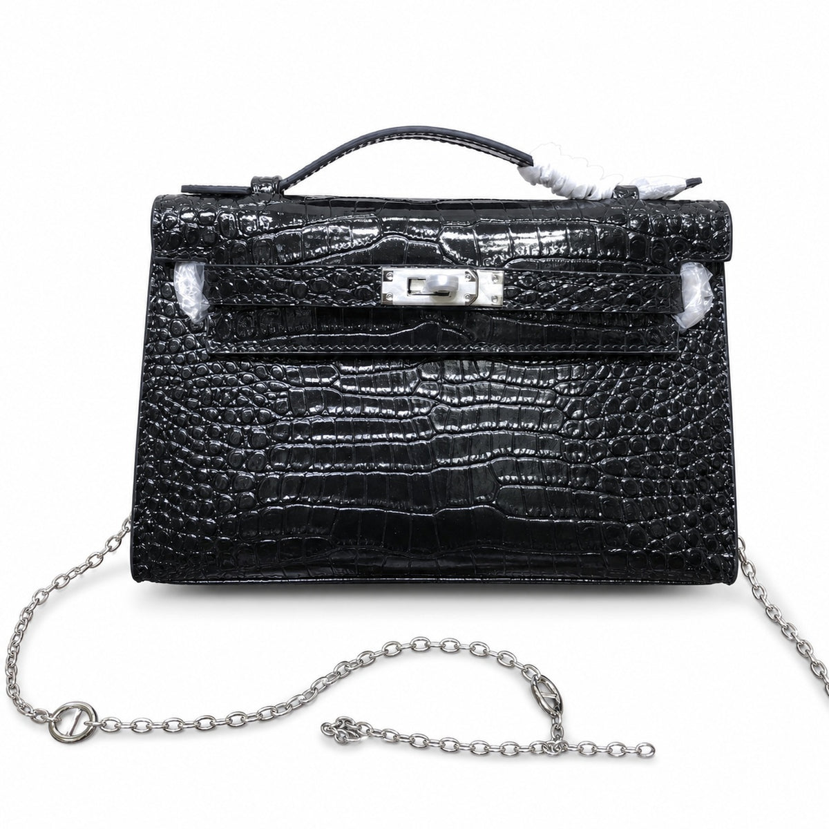 Kelly Pochette Noir Shiny Niloticus Crocodile Leather Palladium Hardware & Palladium Hardware Women Clutch Bag — Elegant Petite Clutch