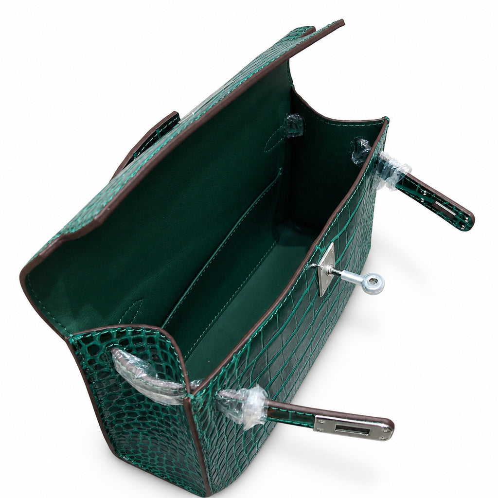 Kelly Pochette Vert Emeraude Shiny Niloticus Crocodile Leather Palladium Hardware Women Clutch Bag — Refined Small Hand-Carry Bag