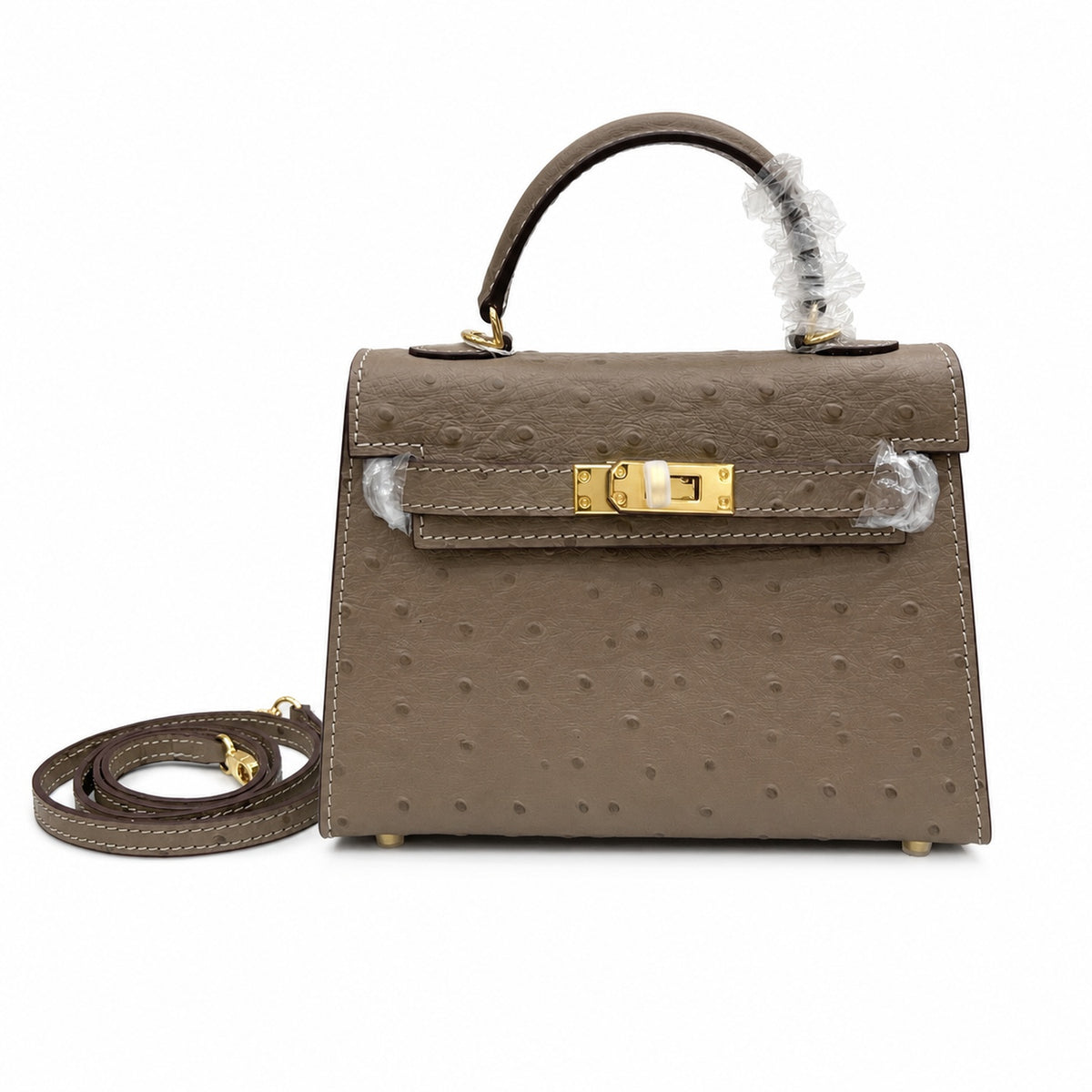 Mini Kelly II 19cm Sellier Etoupe Ostrich Gold Hardware Designer Mini Shoulder Purse — Small Structured Carry Style