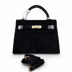Kelly Sellier 22cm Noir Suede Leather Gold Hardware — Polished Structured Handbag