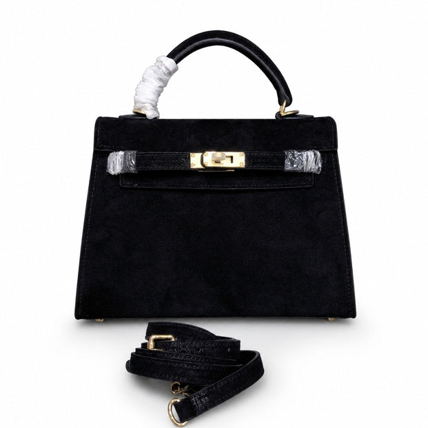 Kelly Sellier 22cm Noir Suede Leather Gold Hardware — Polished Structured Handbag