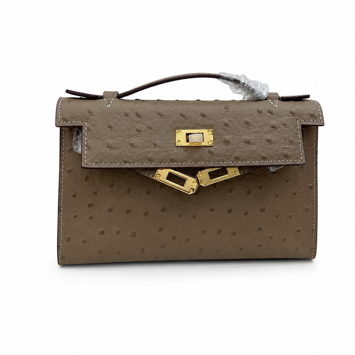 Mini Kelly II Sellier 19cm & 22cm Etoupe Ostrich Leather Gold Hardware — Elegant Compact Carry Style