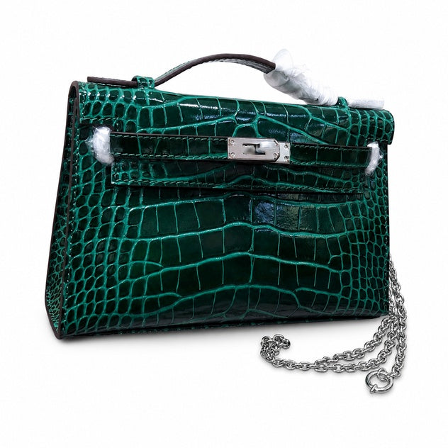 Kelly Pochette Vert Emeraude Shiny Niloticus Crocodile Leather Palladium Hardware Women Clutch Bag — Refined Small Hand-Carry Bag