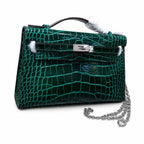 Kelly Pochette Vert Emeraude Shiny Niloticus Crocodile Leather Palladium Hardware Women Clutch Bag — Refined Small Hand-Carry Bag