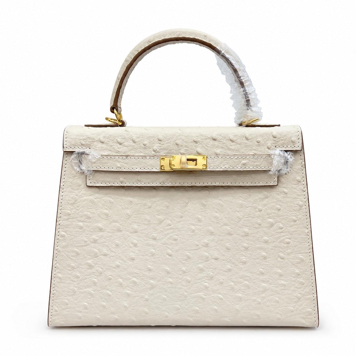 Kelly Sellier 25cm Craie Ostrich Gold Hardware Premium Women Shoulder Purse — Streamlined Top-Handle Handbag