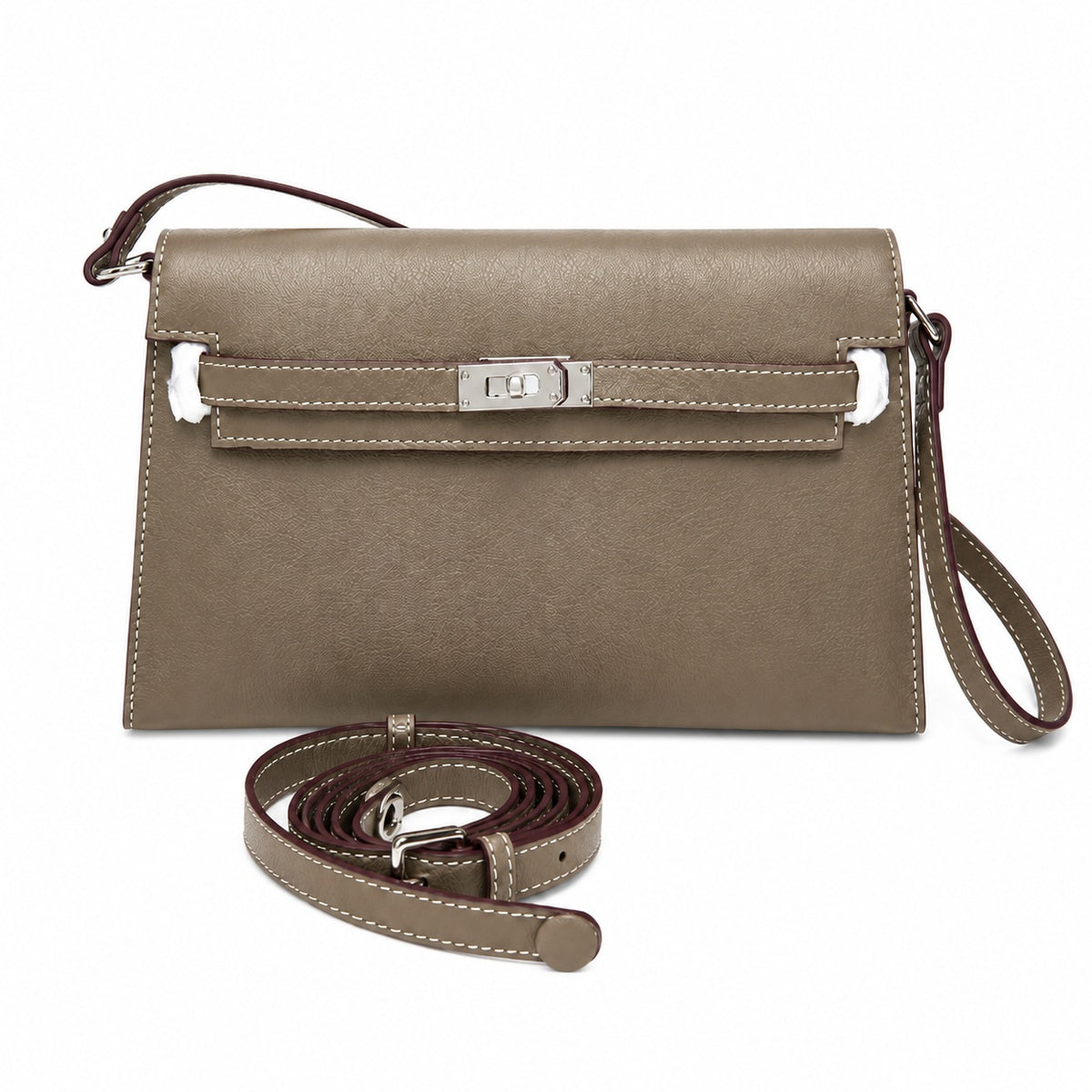 Kelly Elan 25x6.5x15cm Underarm Baguette Bag in Khaki with Silver Hardware — Elegant Shoulder-Carry Bag
