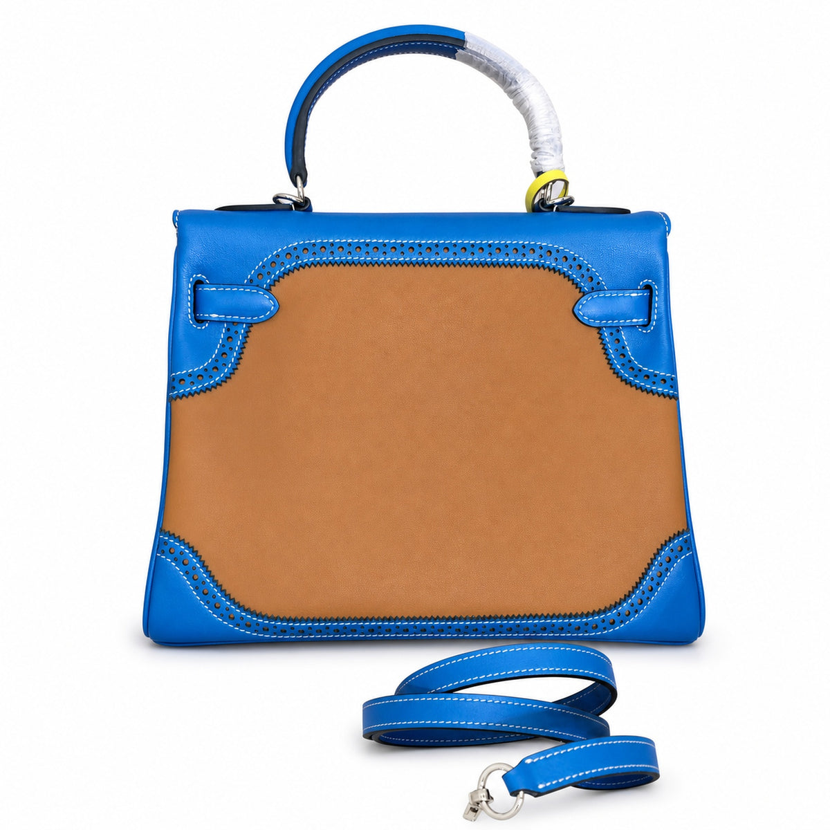 Kelly Sellier Ghillies 28cm Bleu Izmir & Natural Sable Barenia Leather Palladium Hardware — Refined Top-Handle Bag