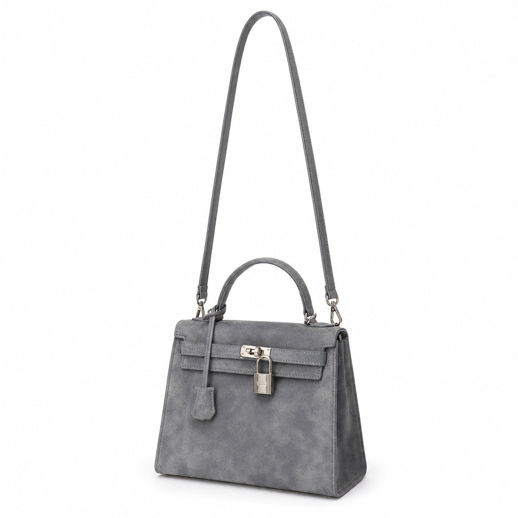Kelly Sellier 22cm Gris Asphalte Suede Leather Palladium Hardware — Sophisticated Carry Design