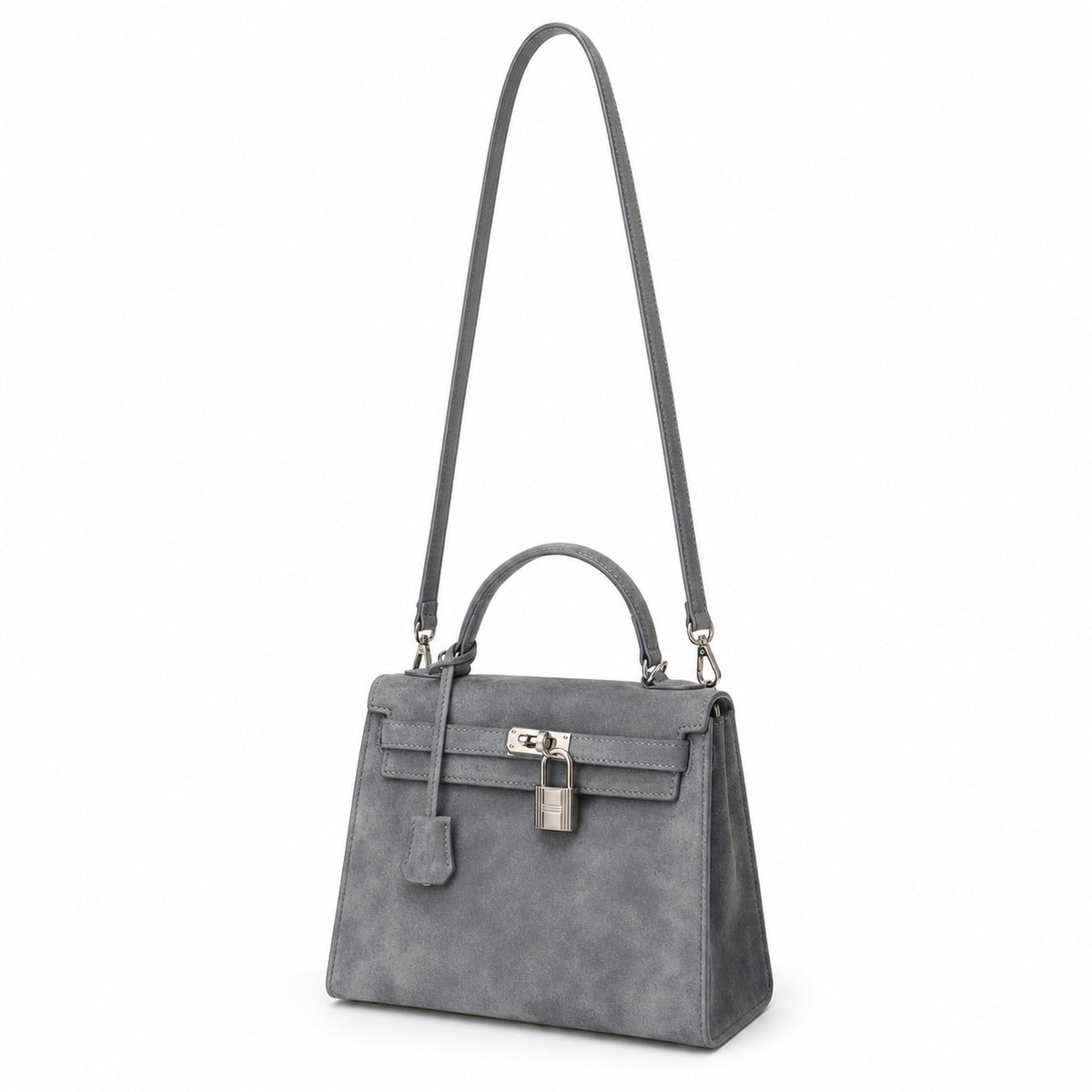 Kelly Sellier 22cm Gris Asphalte Suede Leather Palladium Hardware — Sophisticated Carry Design